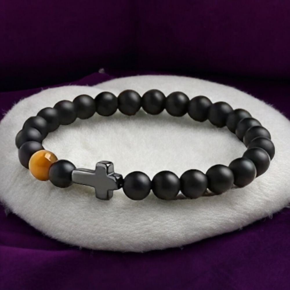 Hematite Cross Tiger's Eye Bead Bracelet with Card Men Teen Boys Gift